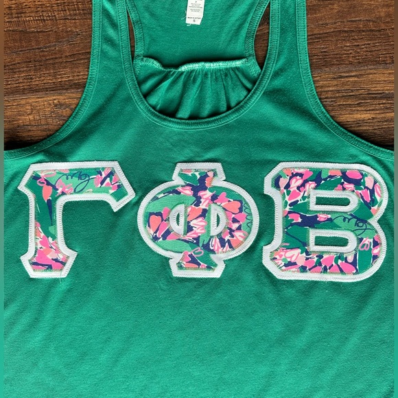 GAMMA PHI BETA racerback t-shirt green small green white floral letters sewn on - Picture 3 of 14